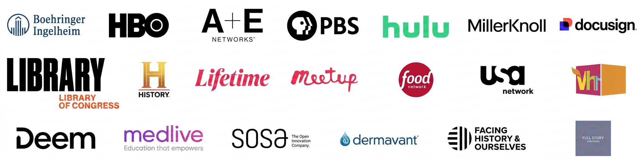 Logos of Brette's clients including Boehringer Ingelheim, HBO, A+E Networks, Library of Congress, Hulu, MillerKnoll, DocuSign, PBS, History, Lifetime, Meetup, Food Network, USA Network, VH1, Deem, Medlive, SOSA, Dermavant, Facing History and Ourselves, and Full Story Strategies